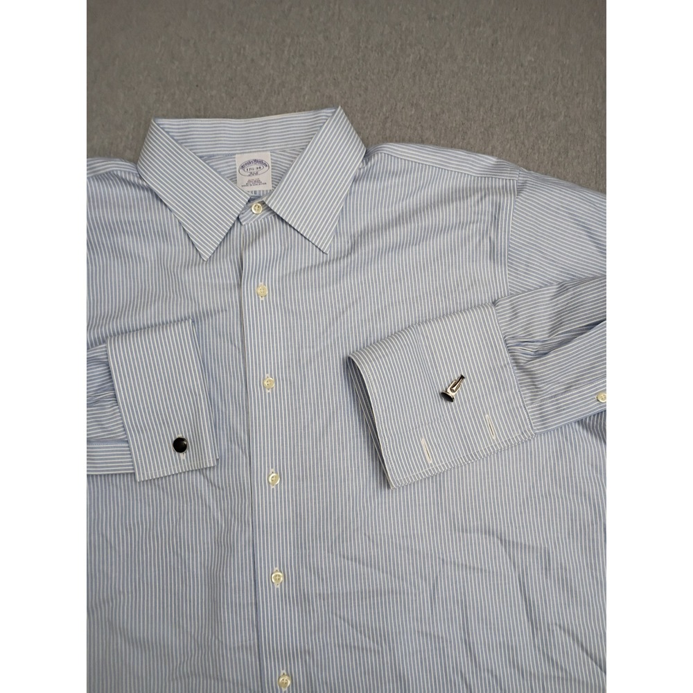Brooks Brothers 346 Blue White Striped Dress Shirt French Cuff Slim Fit 17.5 34
